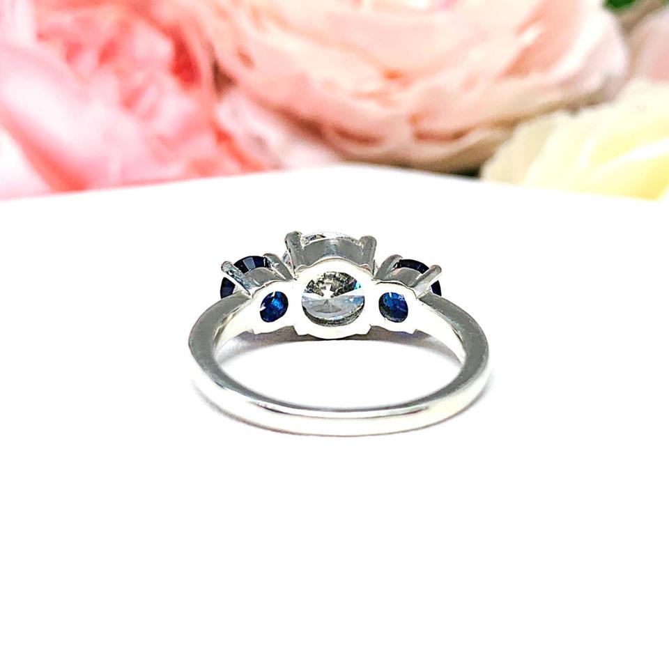 Round CZ & Lab Blue Sapphire 3-Stone Engagement Ring – 6mm-9mm, Sterling Silver