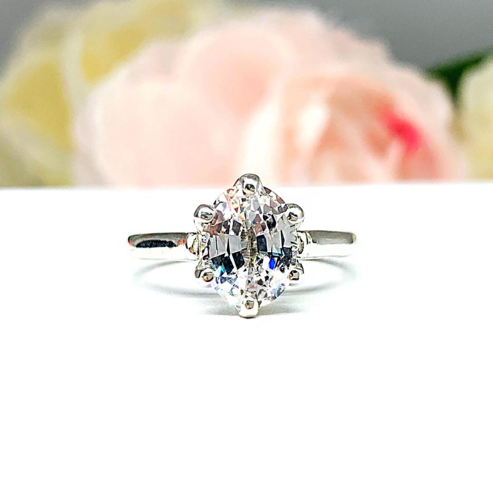 Lab White Sapphire Oval Engagement Ring – 8x6mm, 9x7mm, Sterling Silver, 6-Prong, Tulip Design