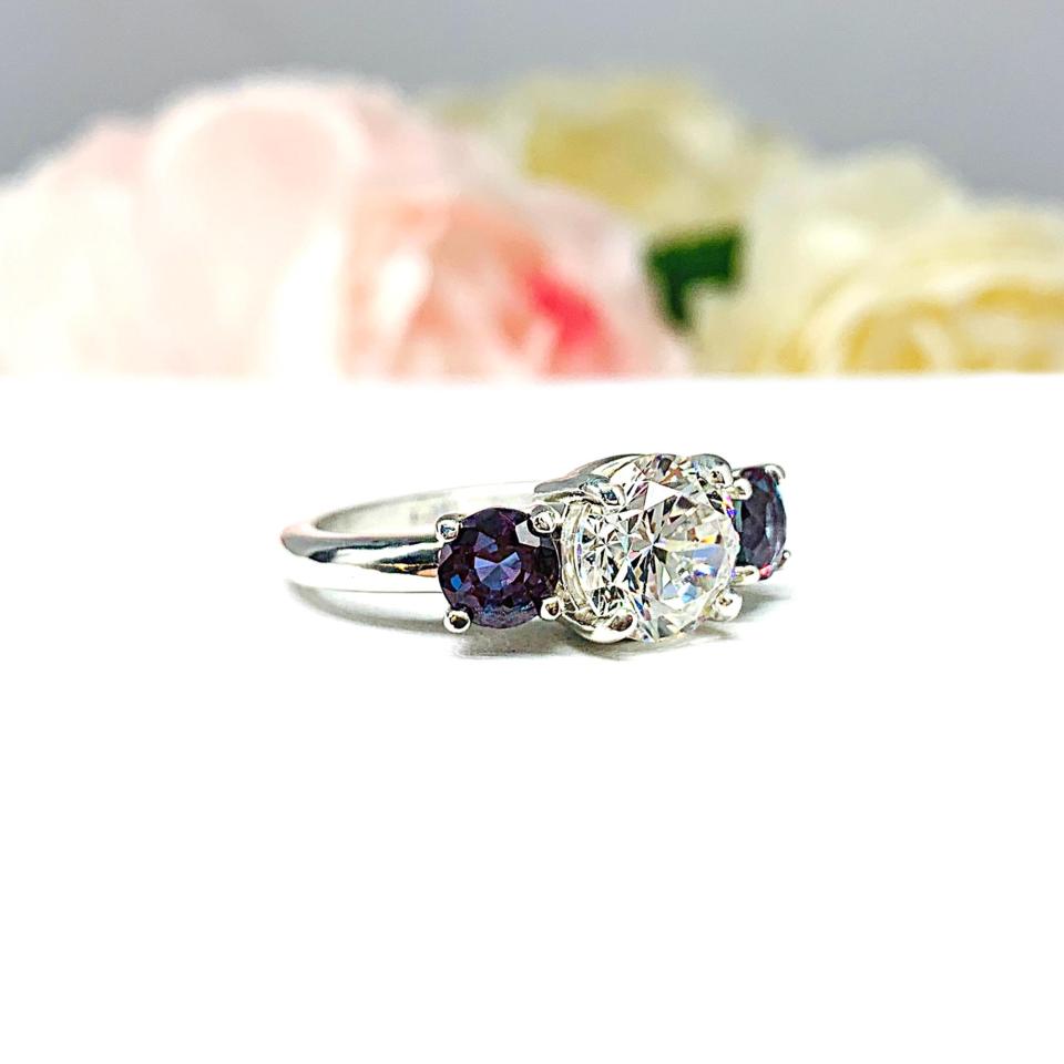 Lab Alexandrite & CZ 3-Stone Engagement Ring – 6mm-9mm, Sterling Silver