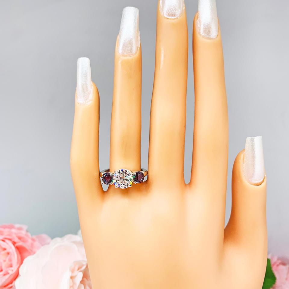 Lab Alexandrite & CZ 3-Stone Engagement Ring – 6mm-9mm, Sterling Silver