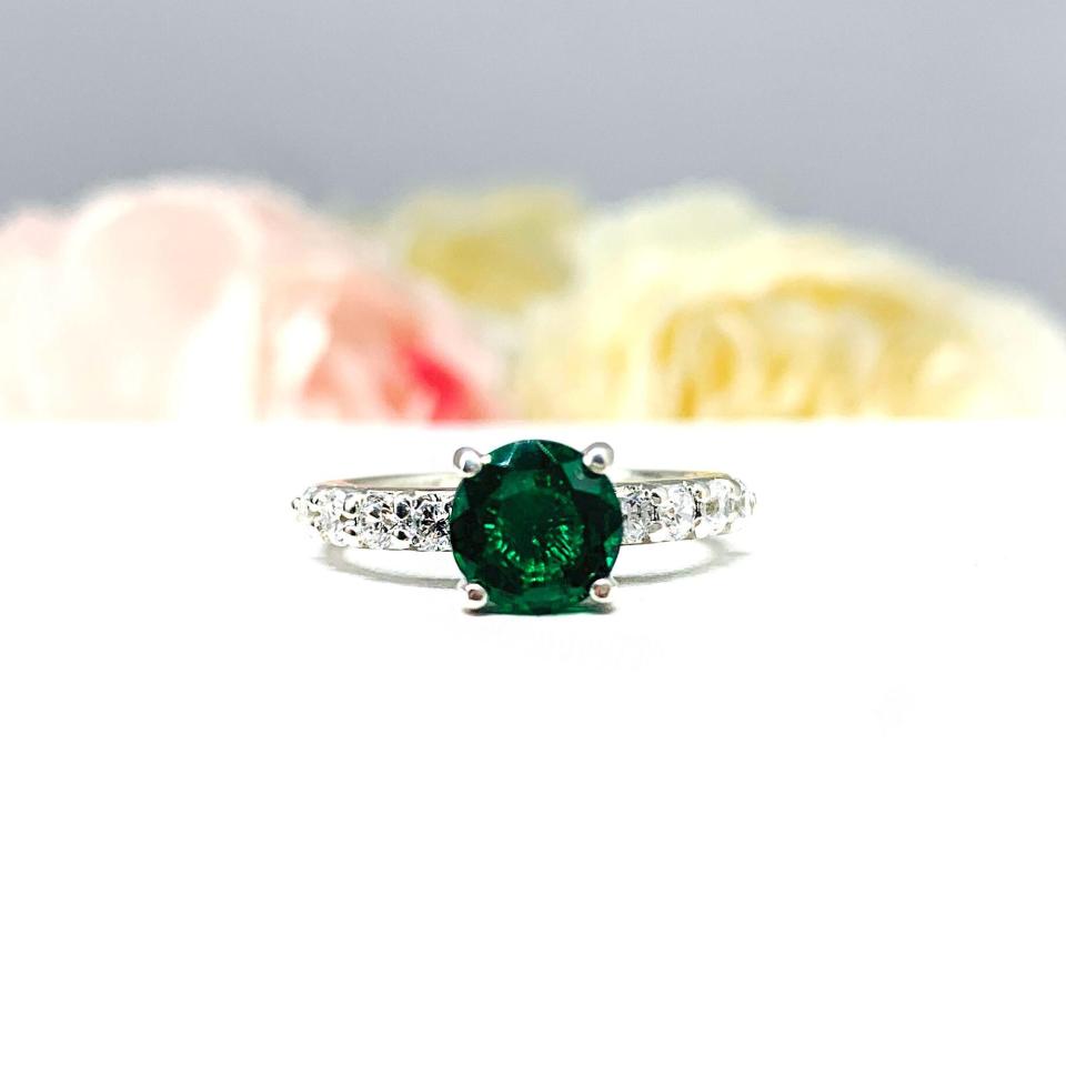 Lab Emerald Round CZ Pave Bridal Ring Set – 6.5mm-8mm, Sterling Silver