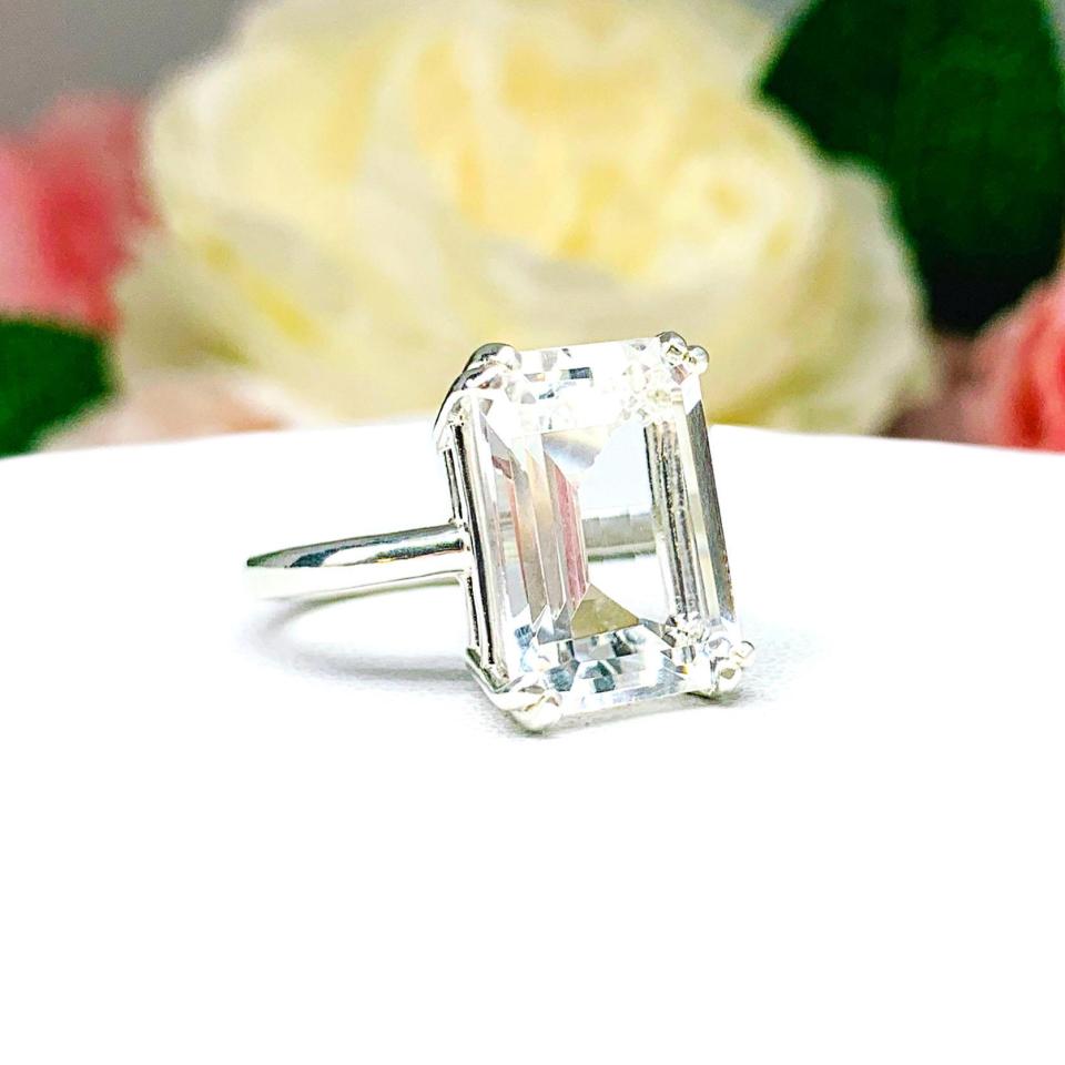 White Topaz Emerald Cut Ring – Natural 14x10mm Gemstone, Sterling Silver Statement