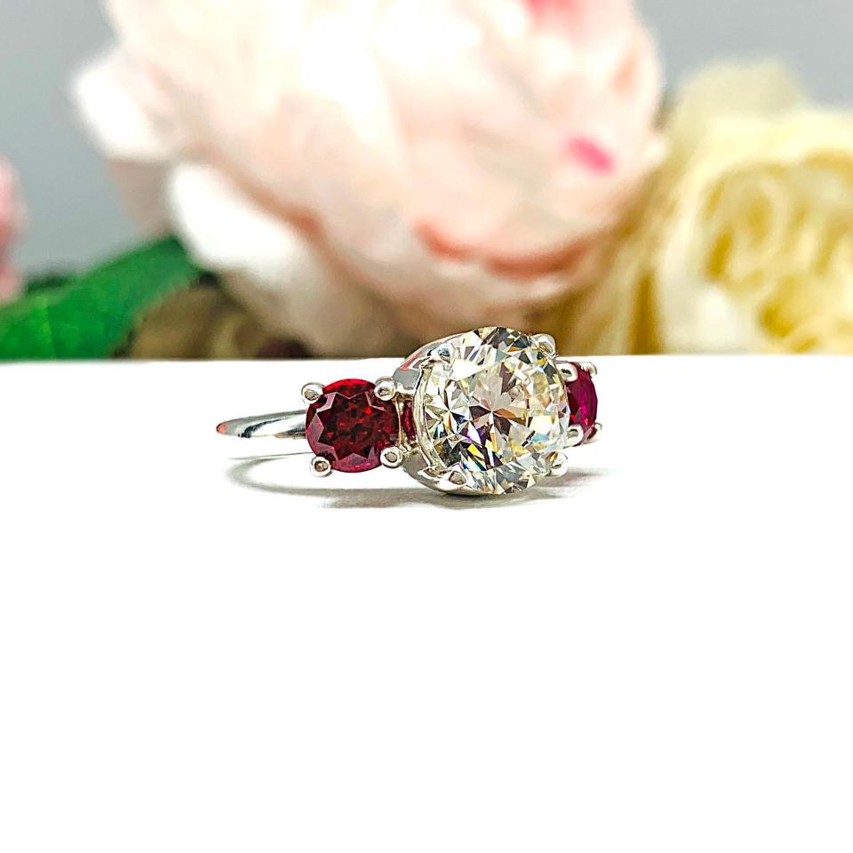 Round CZ & Lab Ruby 3-Stone Engagement Ring – 6mm-9mm, Sterling Silver