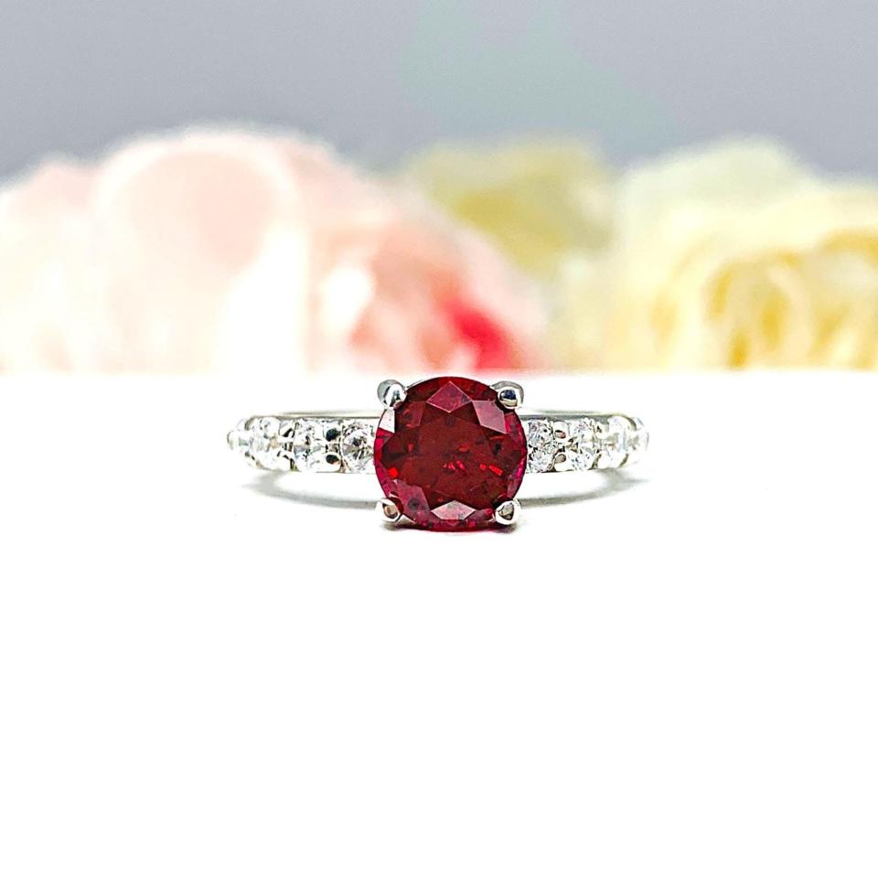 Lab Ruby Round Wedding Set – CZ Pave Accents, 6.5mm-8mm, Sterling Silver