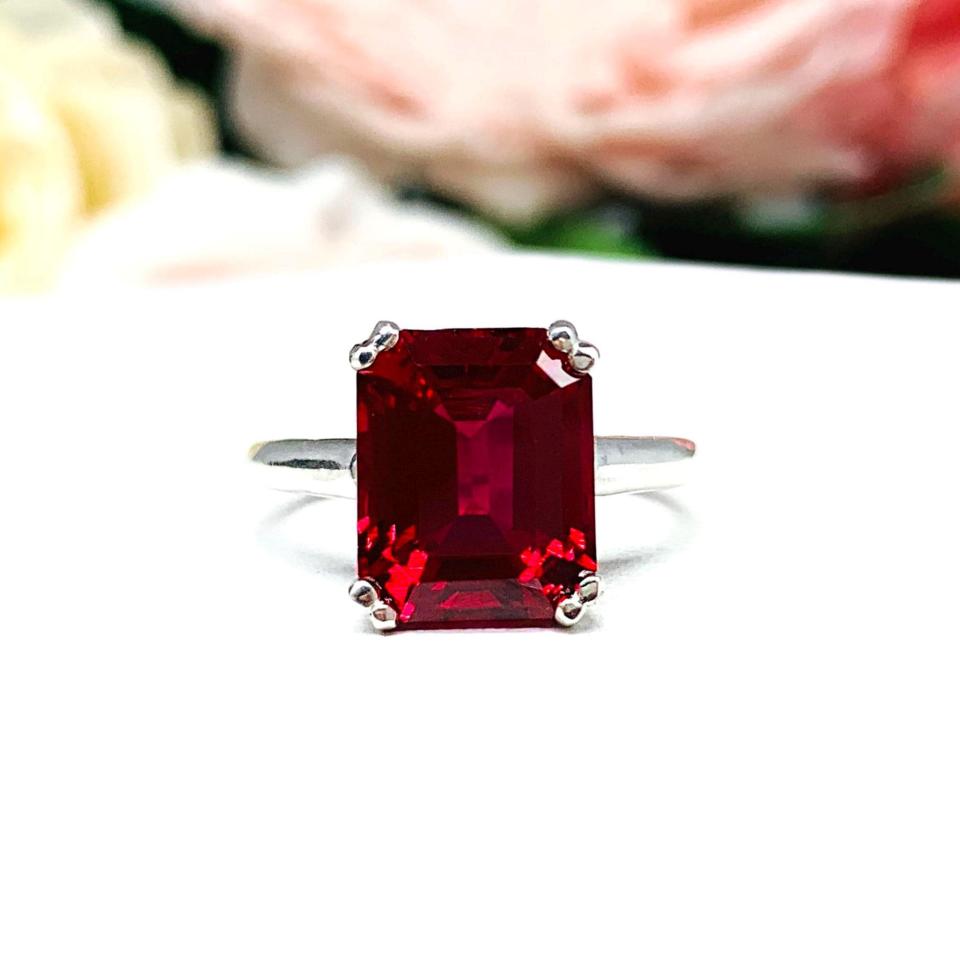 Lab Ruby Emerald Cut Ring – 10x8mm-12x10mm, Sterling Silver