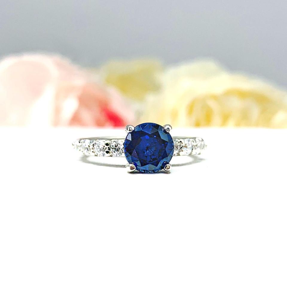 Lab Blue Sapphire Round Wedding Set – CZ Pave Accents, 6.5mm-8mm, Sterling Silver