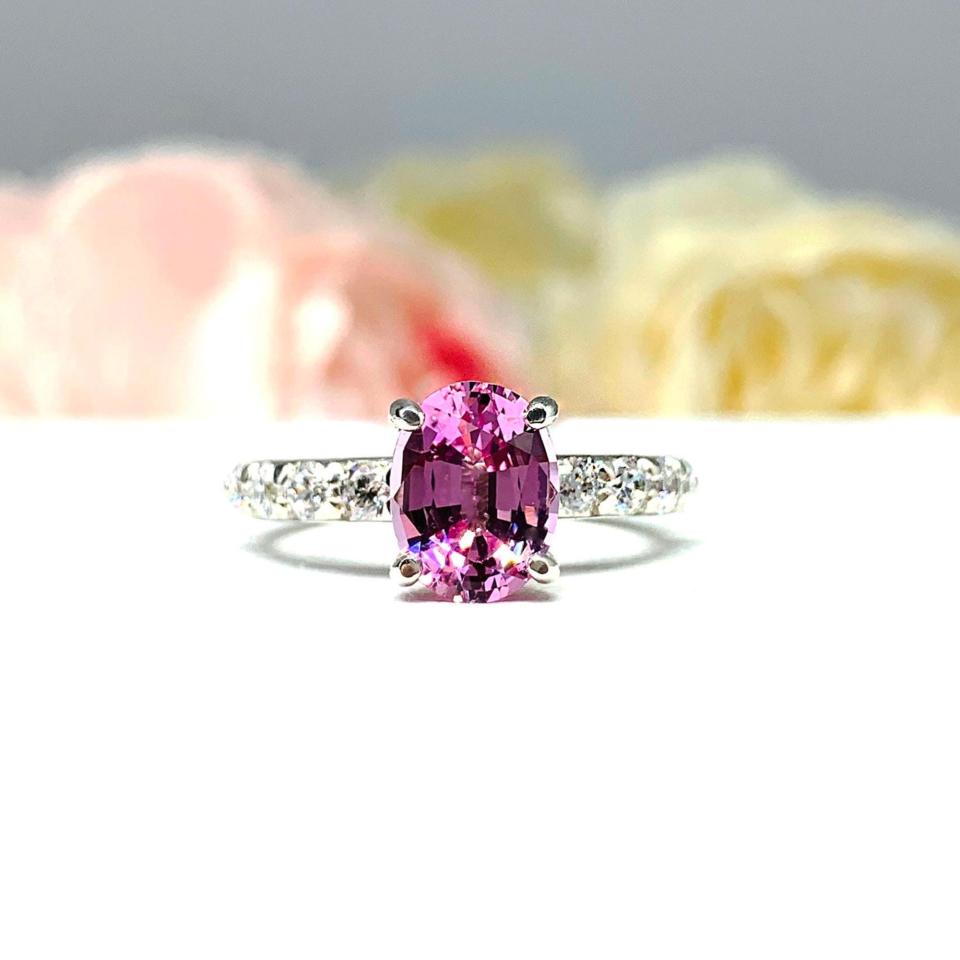 Lab Pink Sapphire Oval CZ Pave Bridal Ring Set – 8x6mm-9x7mm, Sterling Silver