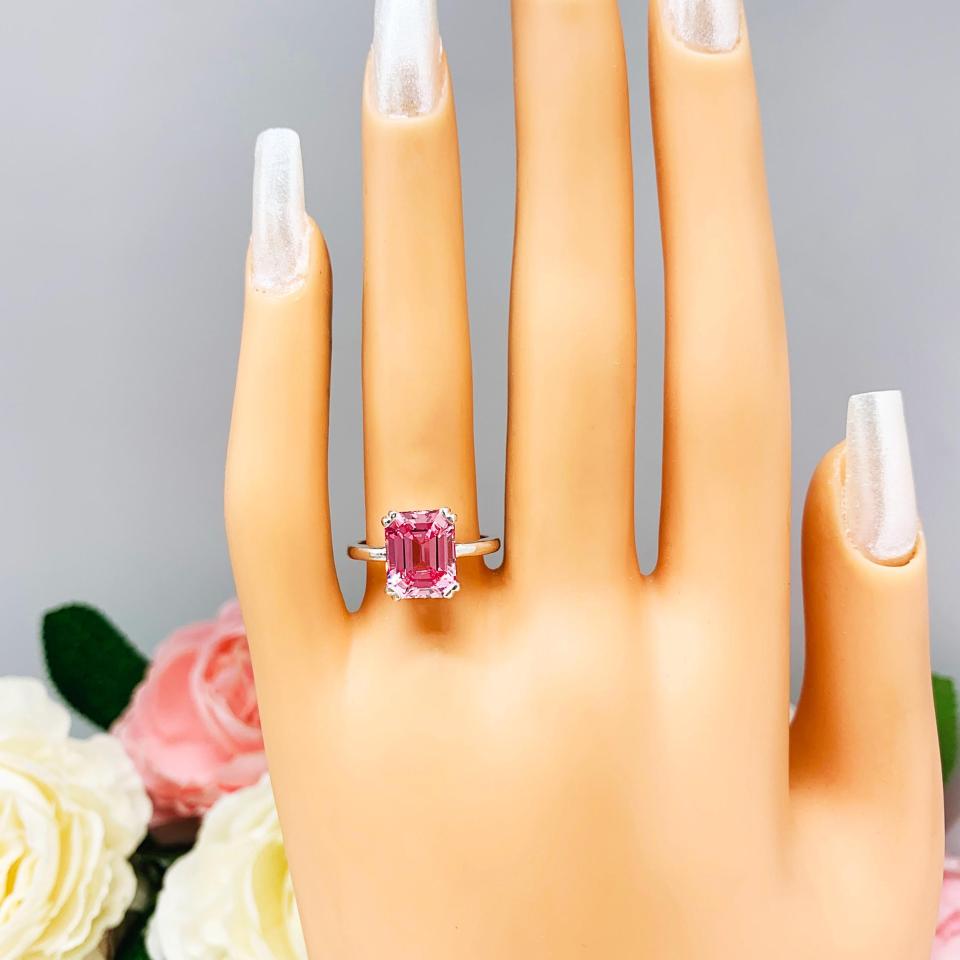 Lab Padparadscha Sapphire Emerald Ring Size 6 – 10x8mm, Sterling Silver