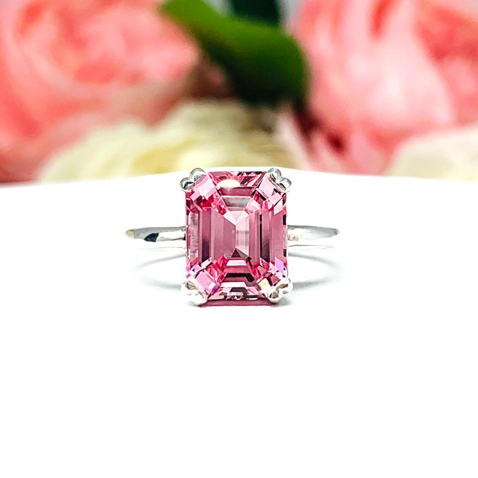 Lab Padparadscha Sapphire Emerald Ring Size 6 – 10x8mm, Sterling Silver