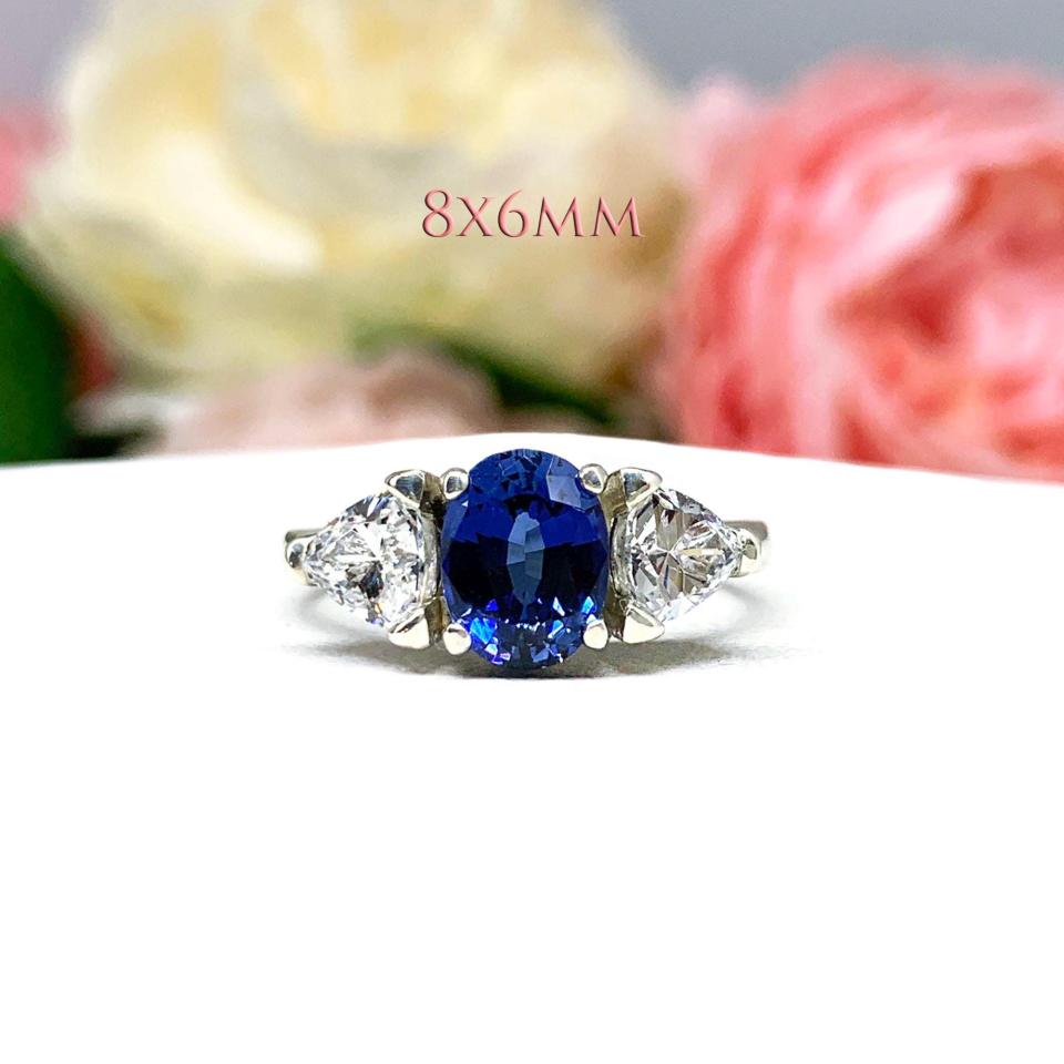 Lab Blue Sapphire Oval & CZ Trillion Ring – 8x6mm-10x8mm, Sterling Silver, Low Profile