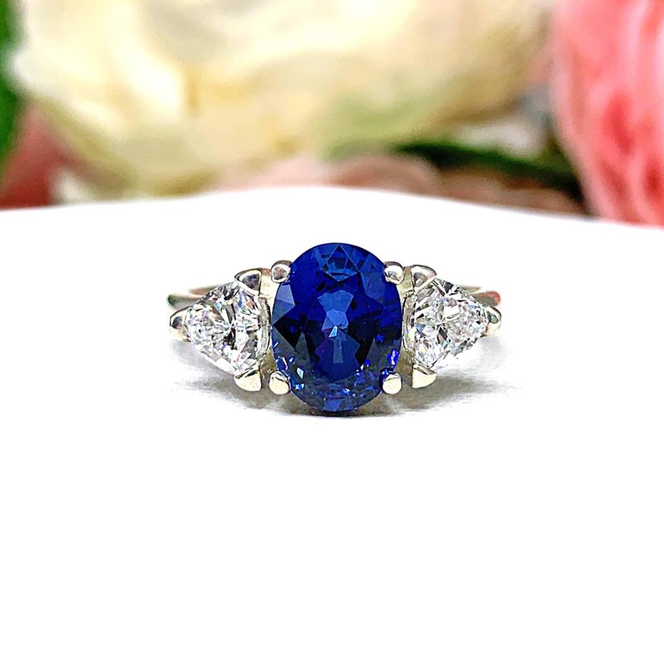 Lab Blue Sapphire Oval & CZ Trillion Ring – 8x6mm-10x8mm, Sterling Silver, Low Profile
