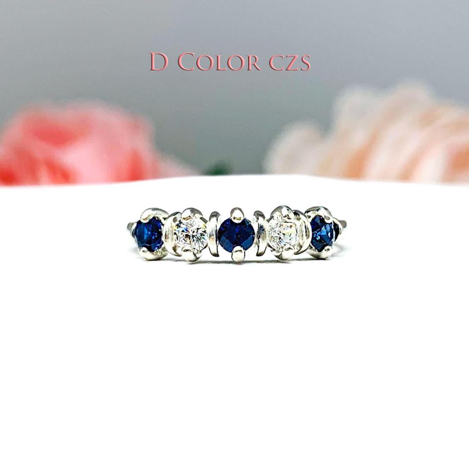 Lab Blue Sapphire & CZ Round 5-Stone Ring – Sterling Silver