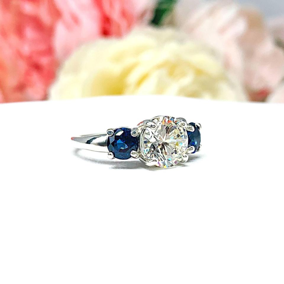 Round CZ & Lab Blue Sapphire 3-Stone Engagement Ring – 8mm, Sterling Silver, Tulip Design