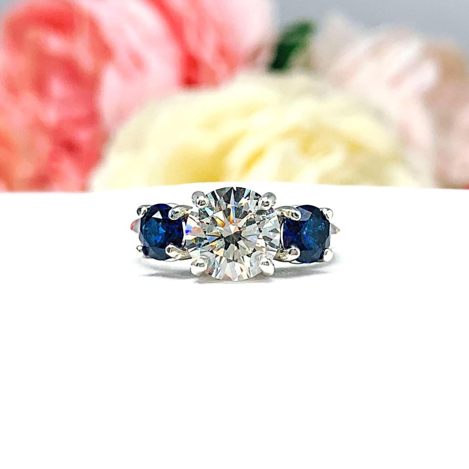 Round CZ & Lab Blue Sapphire 3-Stone Engagement Ring – 8mm, Sterling Silver, Tulip Design