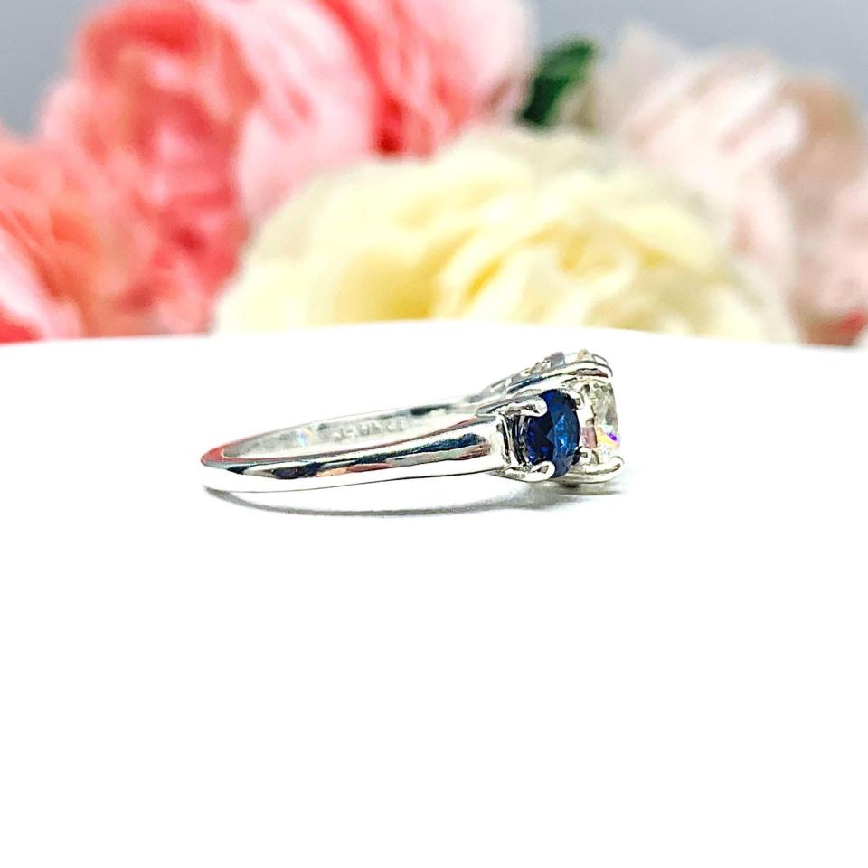 Round CZ & Lab Blue Sapphire 3-Stone Engagement Ring – 8mm, Sterling Silver, Tulip Design
