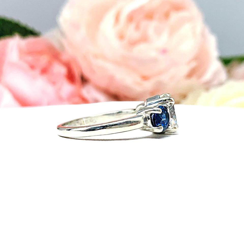 Round CZ & Lab Blue Sapphire 3-Stone Engagement Ring – 6mm-9mm, Sterling Silver