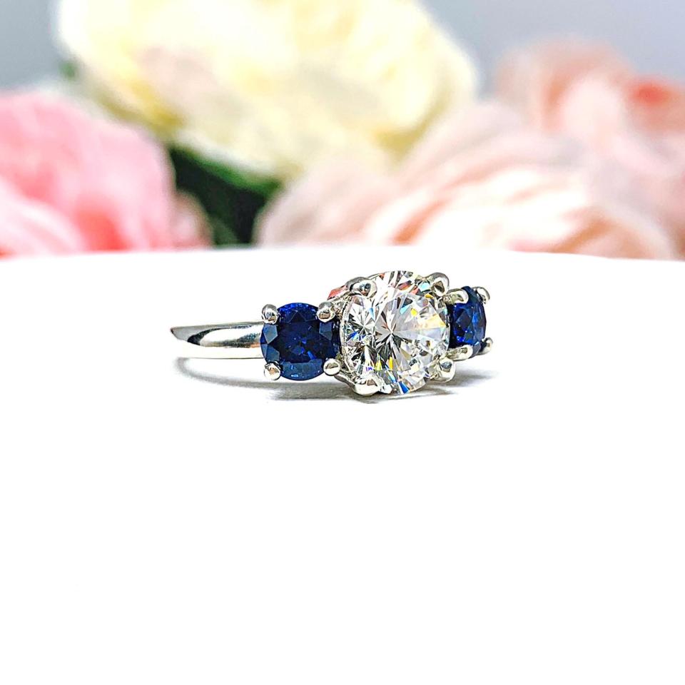 Round CZ & Lab Blue Sapphire 3-Stone Engagement Ring – 6mm-9mm, Sterling Silver