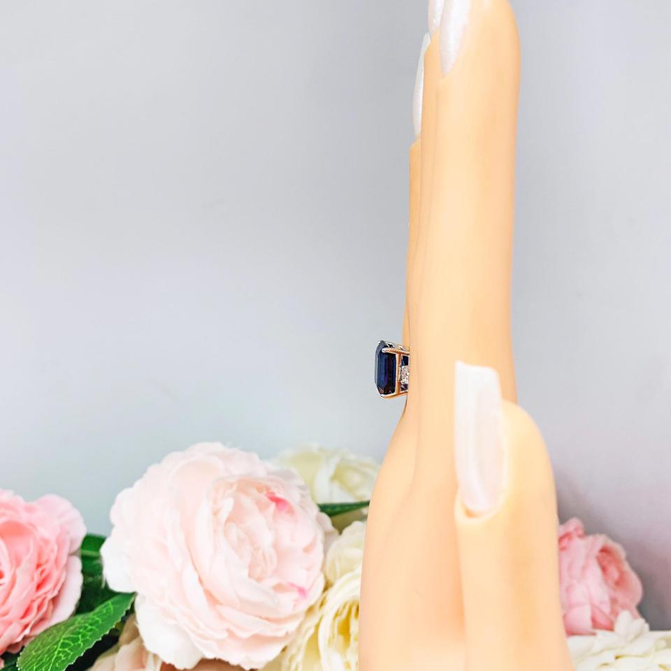 Lab Blue Sapphire Emerald Cut Ring – CZ Accents, 10x8mm-12x10mm, Sterling Silver