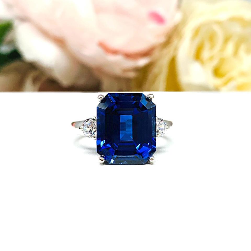 Lab Blue Sapphire Emerald Cut Ring – CZ Accents, 10x8mm-12x10mm, Sterling Silver
