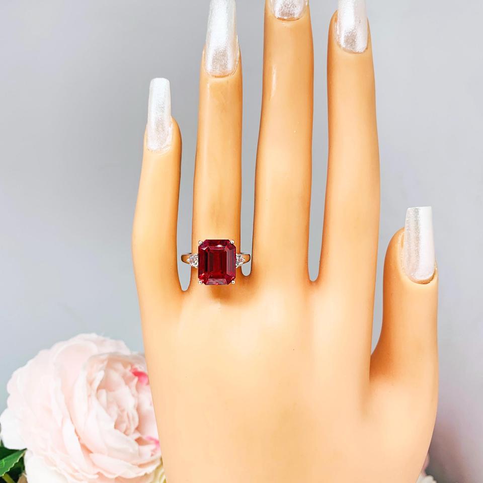 Lab Ruby Emerald Cut Ring – CZ Accents, 10x8mm-12x10mm, Sterling Silver