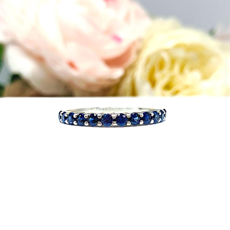 Lab Blue Sapphire Round Stackable Band – 2.5mm, Sterling Silver, Half-Eternity