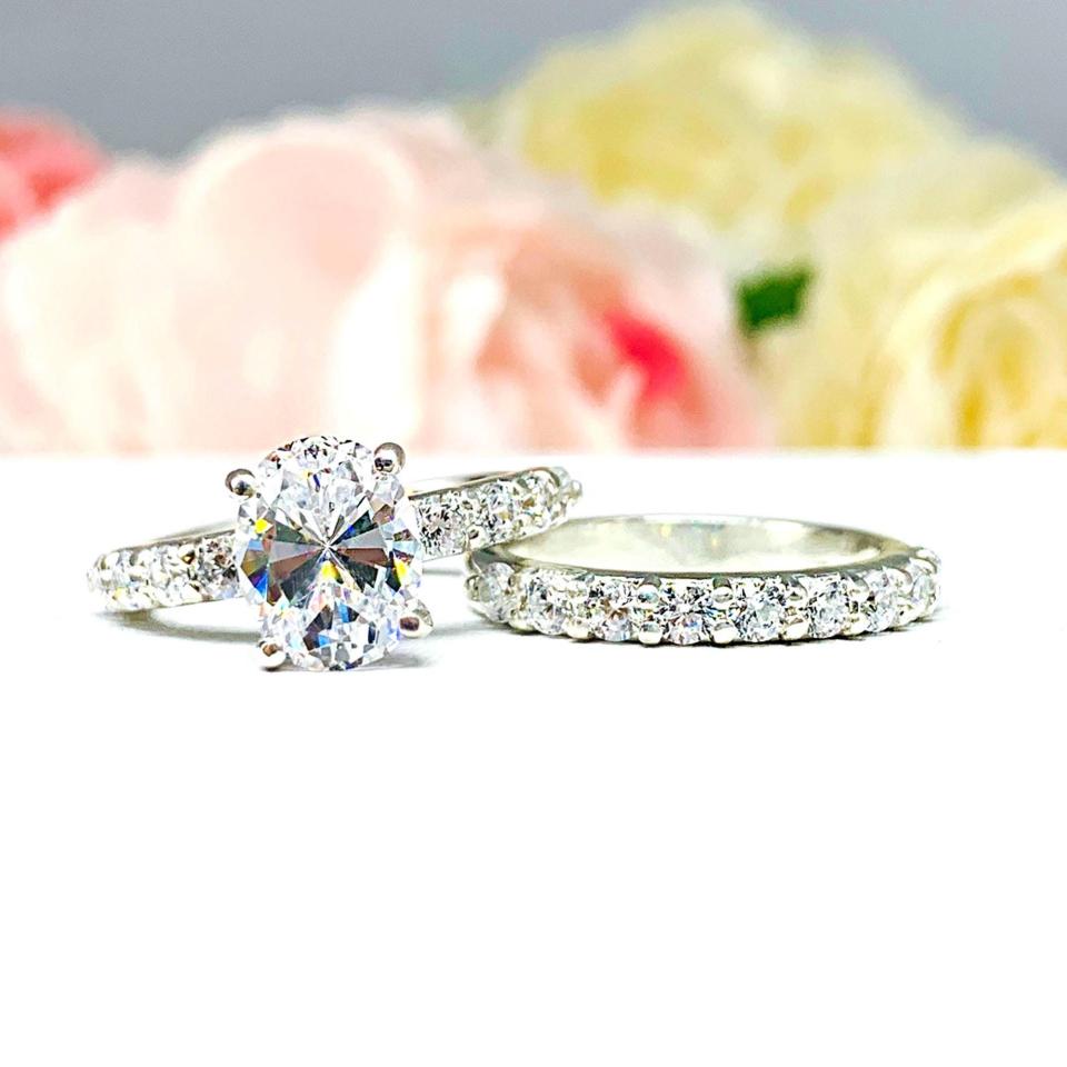 Oval Cubic Zirconia Pave Bridal Ring Set – 8x6mm, 9x7mm, Sterling Silver