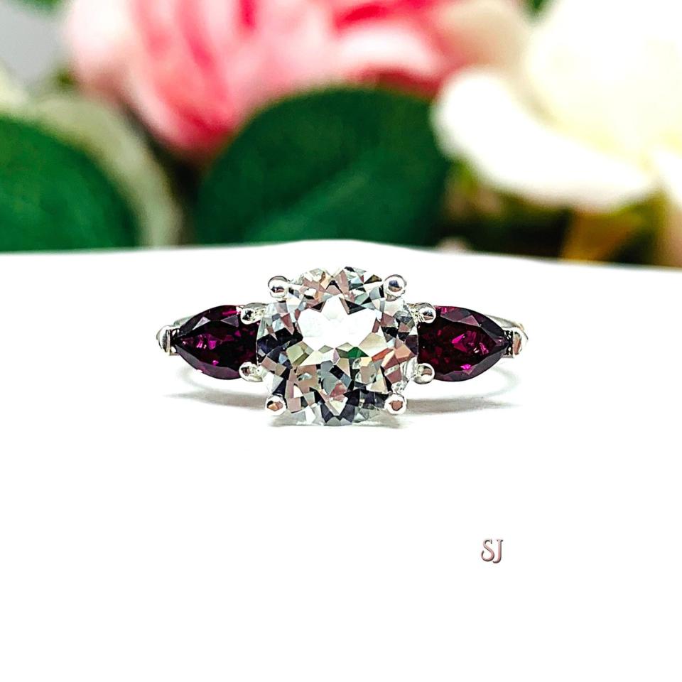 Round-Cut White Topaz & Rhodolite Garnet Pear 3-Stone Ring • 8mm Center, Sterling Silver