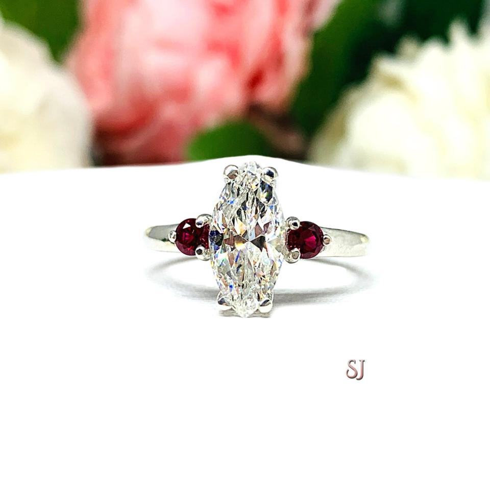 Marquise CZ & Lab Ruby Engagement Ring Size 7 –  12x6mm, Near Colorless, Sterling Silver
