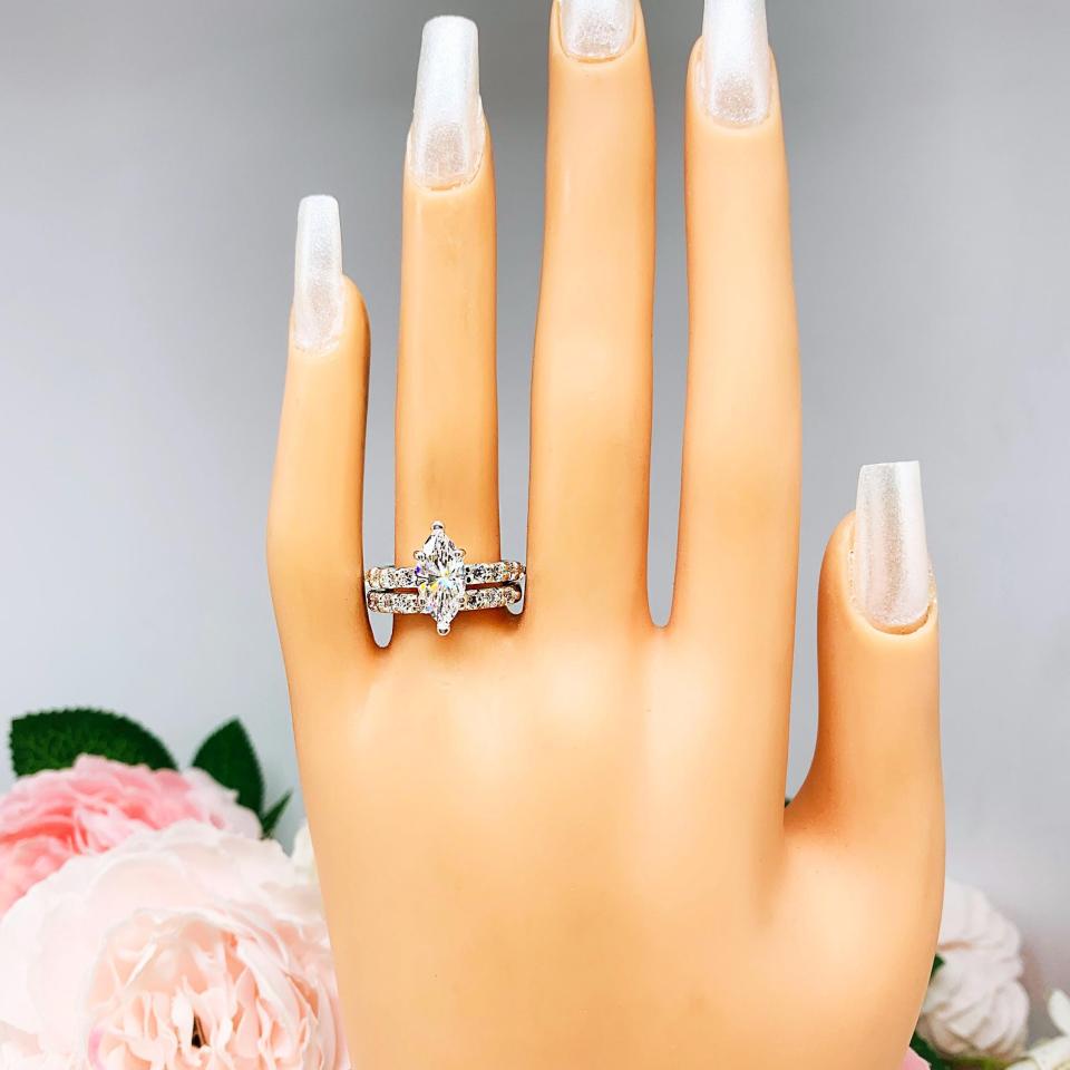 Marquise Cubic Zirconia Pave Bridal Ring Set – 10x5mm-14x7mm, Sterling Silver