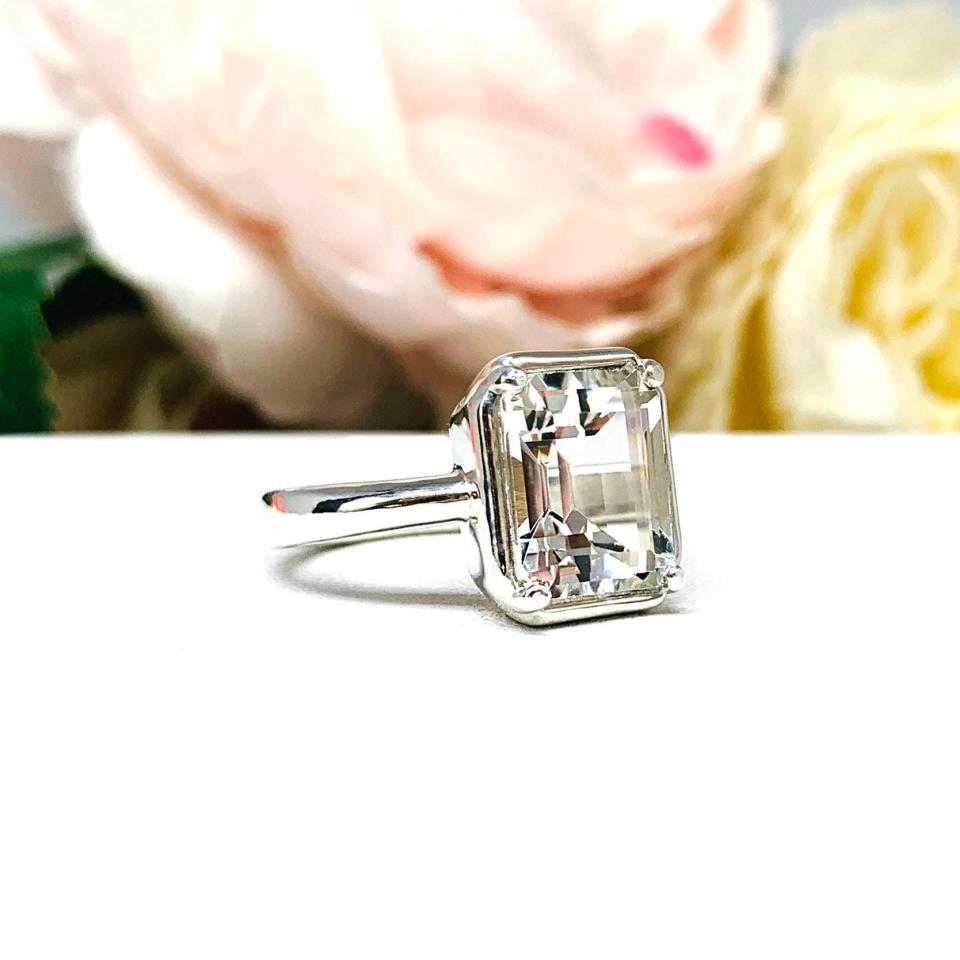 White Topaz Emerald Cut Engagement Ring – 8x6mm-10x8mm, Sterling Silver