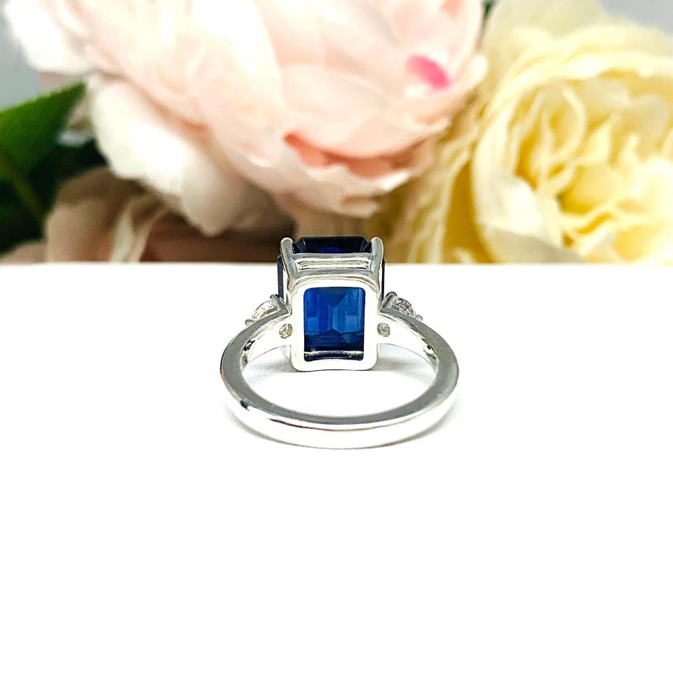 Lab Blue Sapphire Emerald Cut Ring – CZ Accents, 10x8mm-12x10mm, Sterling Silver