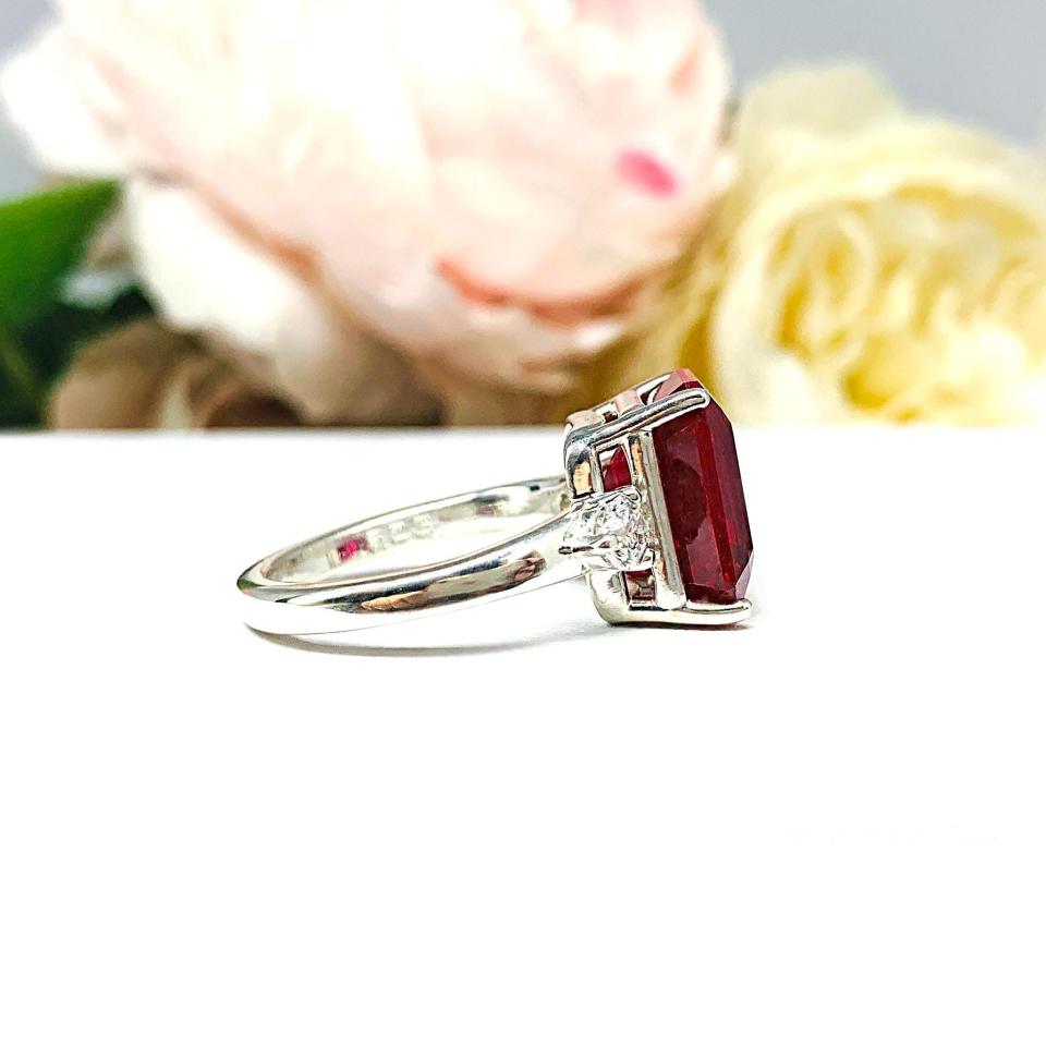 Lab Ruby Emerald Cut Ring – CZ Accents, 10x8mm-12x10mm, Sterling Silver