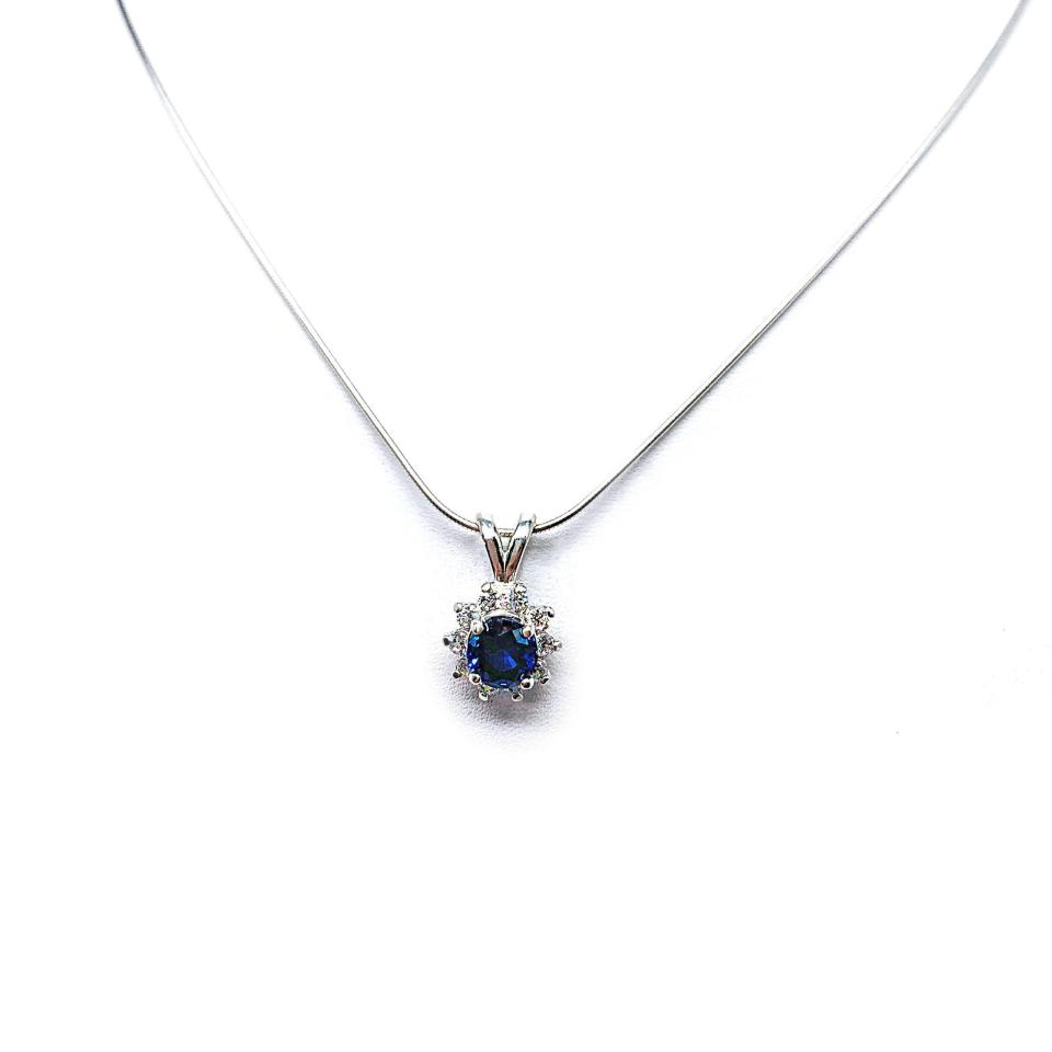 Round Lab Blue Sapphire CZ Halo Pendant Necklace – 5mm-8mm, Sterling Silver