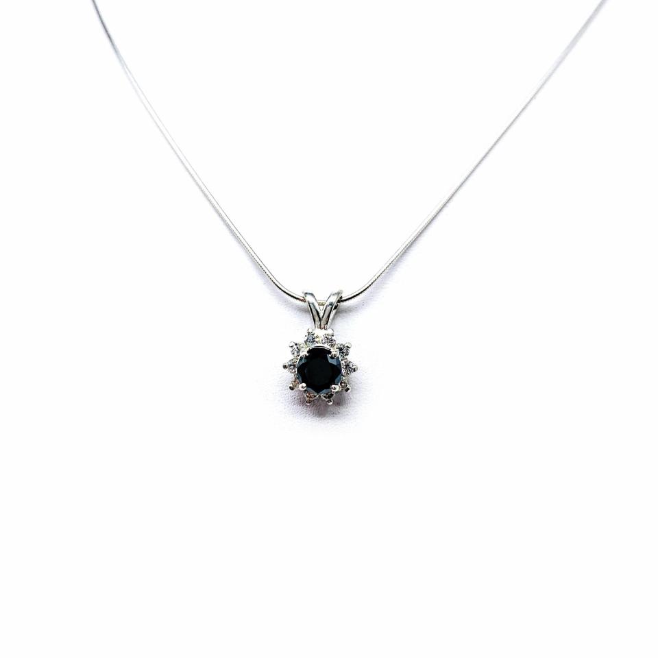 Round Black Moissanite Halo Pendant Necklace – 6mm Center, Sterling Silver