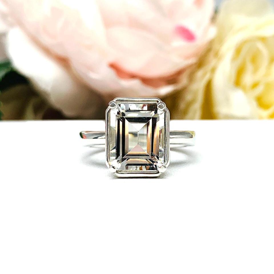 White Topaz Emerald Cut Engagement Ring – 8x6mm-10x8mm, Sterling Silver