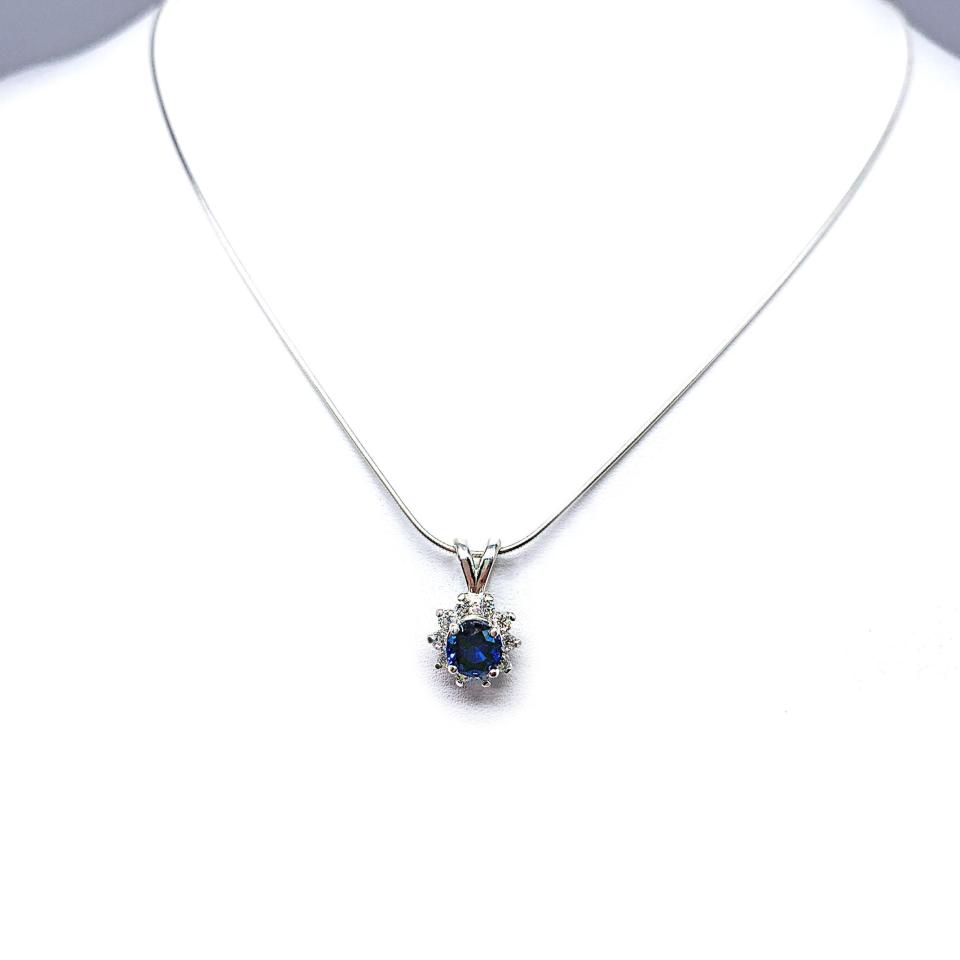 Round Lab Blue Sapphire CZ Halo Pendant Necklace – 5mm-8mm, Sterling Silver