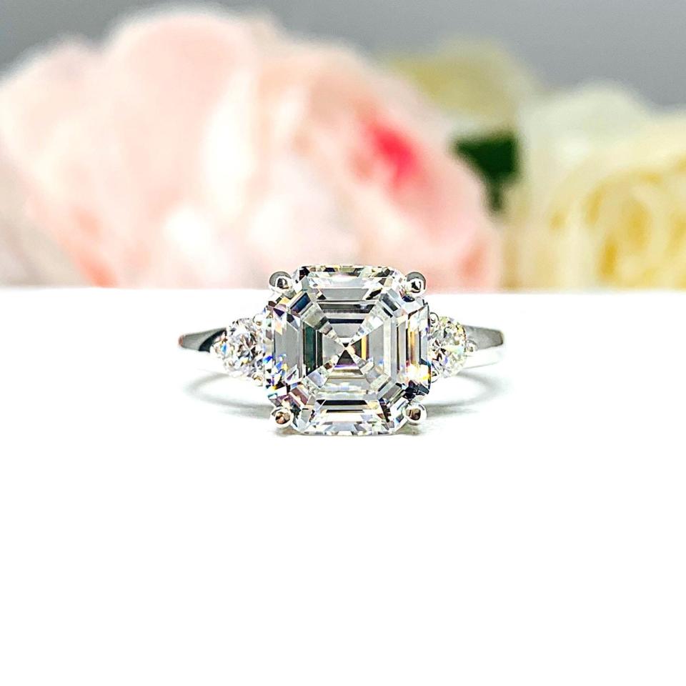Asscher Cubic Zirconia 3-Stone Ring – 8mm - 11mm, Round Accents, Sterling Silver
