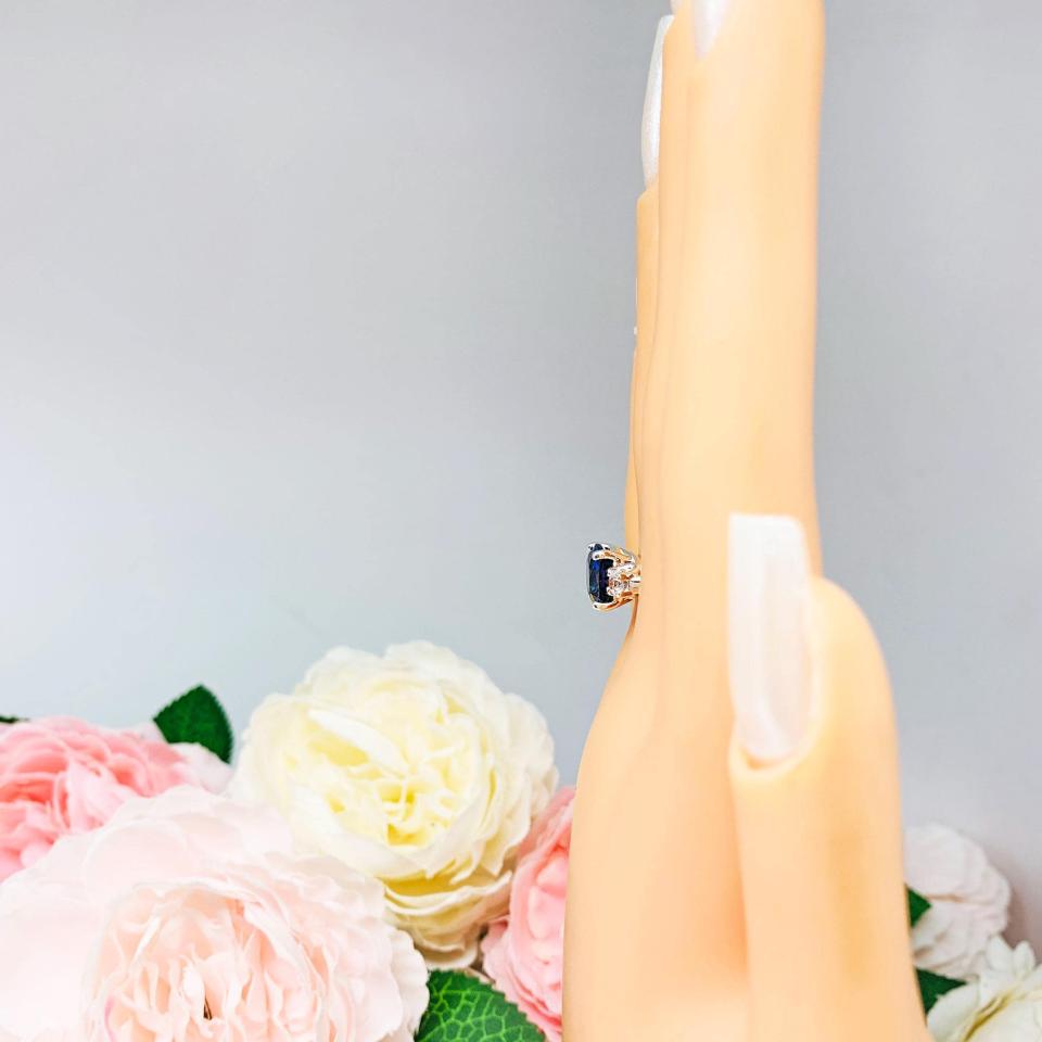 Lab Blue Sapphire Cushion & CZ Round Ring – 9mm, Sterling Silver