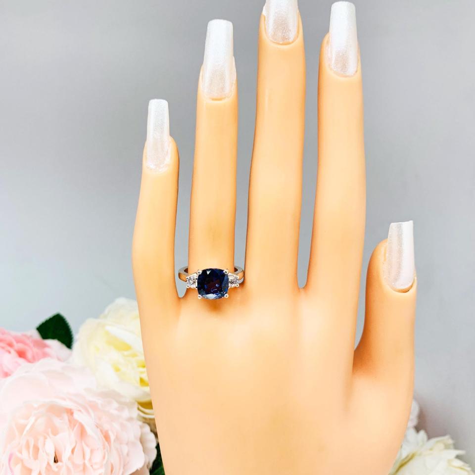 Lab Blue Sapphire Cushion & CZ Round Ring – 9mm, Sterling Silver