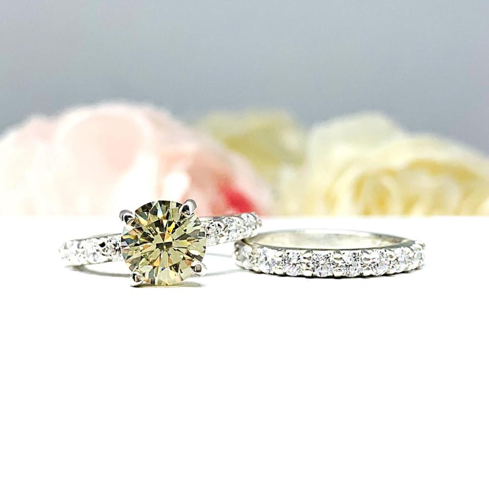 Yellow Round Cubic Zirconia Pave Bridal Ring Set – 6.5mm - 8mm, Sterling Silver