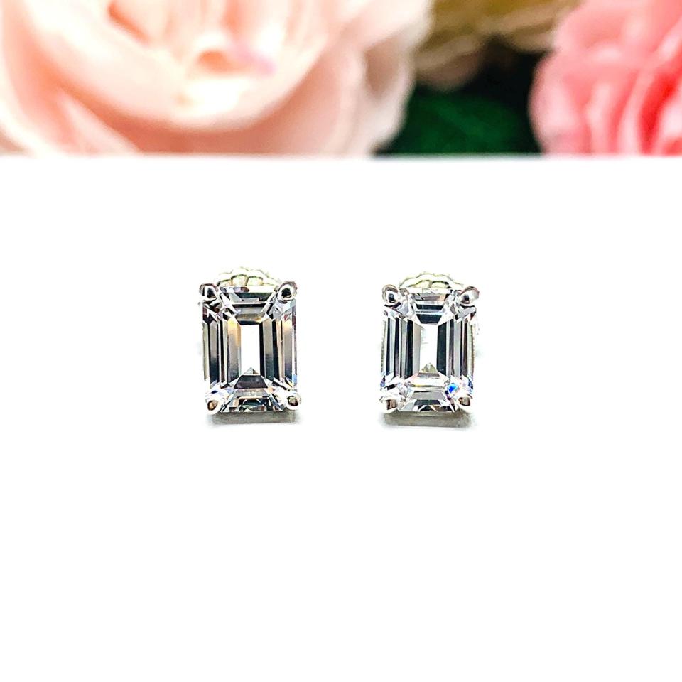 White Topaz Emerald Stud Earrings – 7x5mm-9x7mm, Sterling Silver
