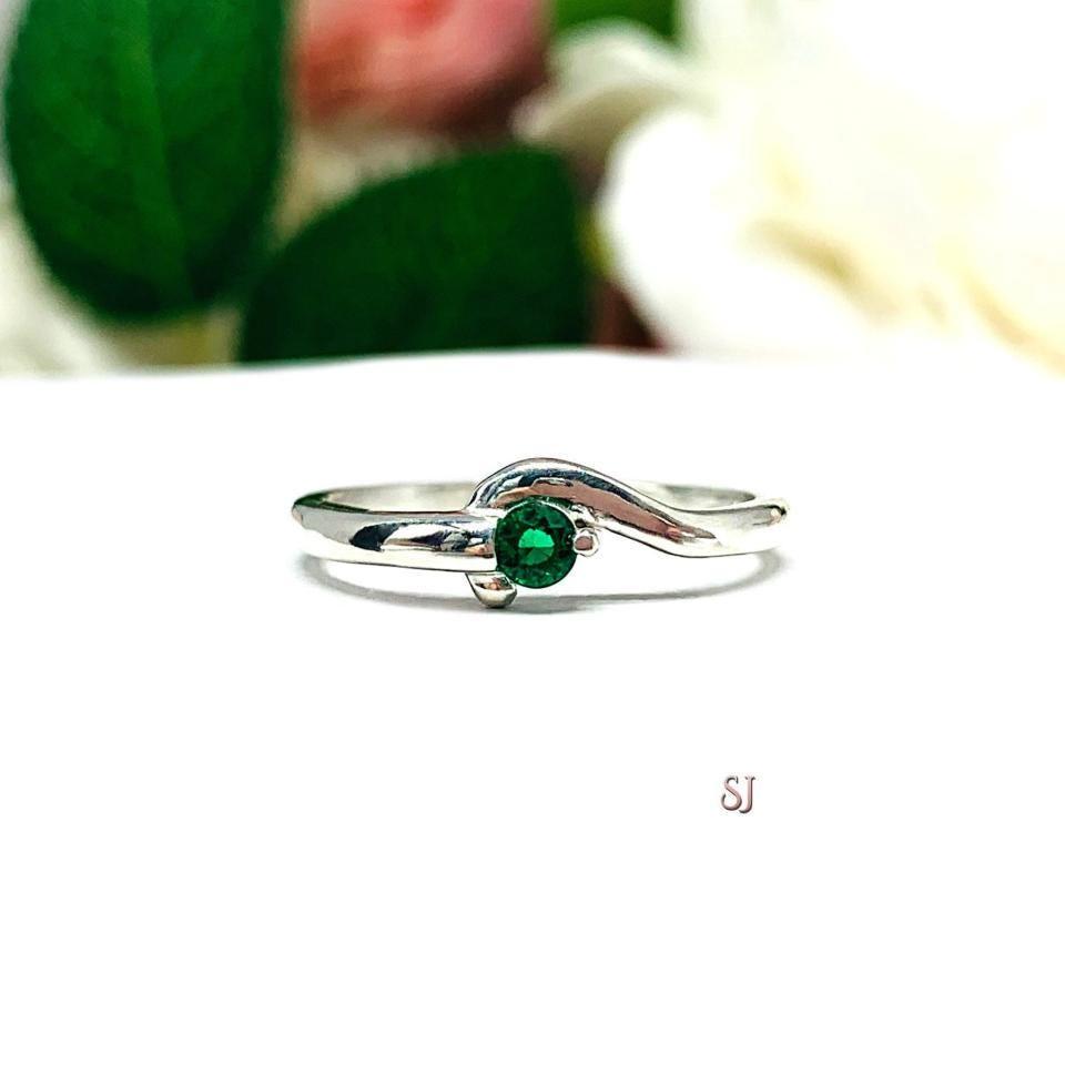 Round-Cut Birthstone Solitaire Stacking Ring • 3mm, Sterling Silver, Wrap Bypass Shank