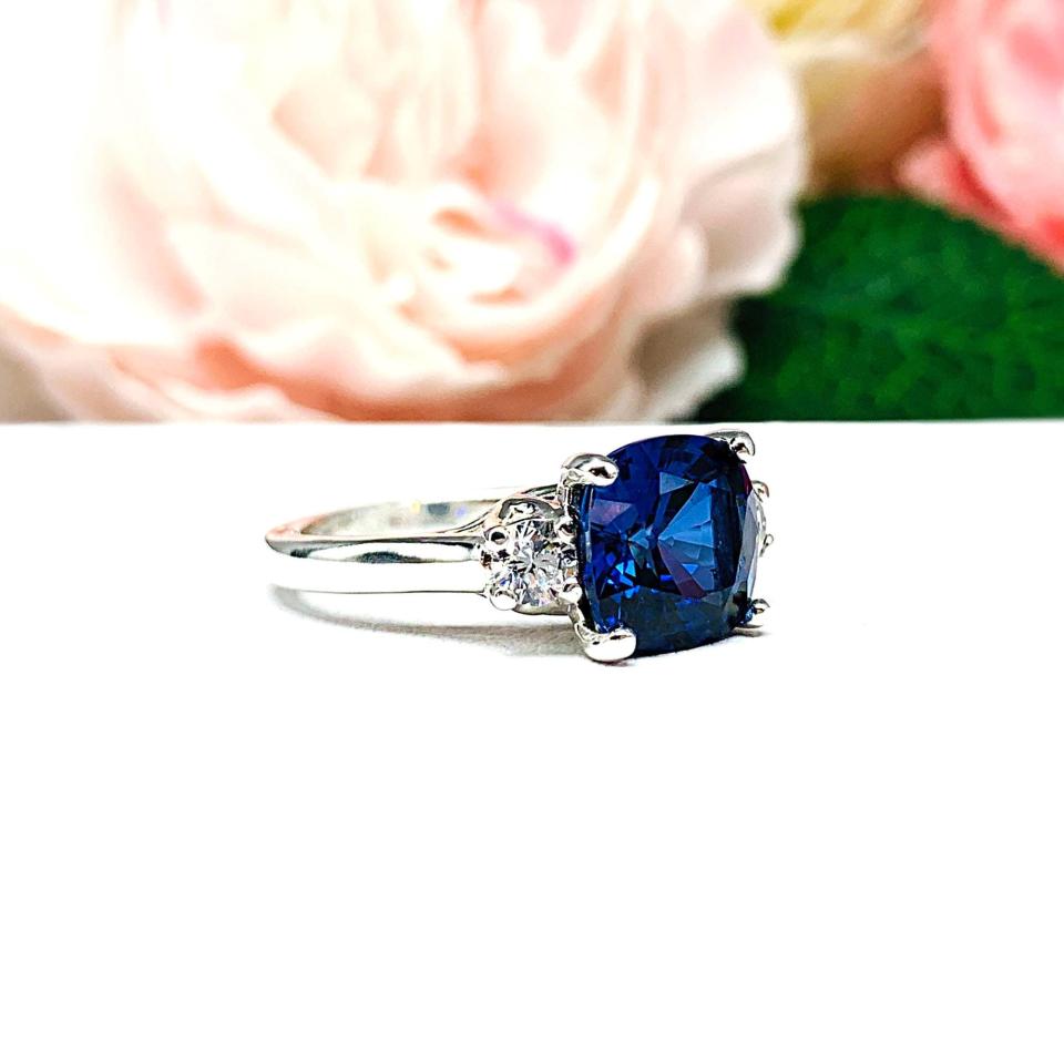 Lab Blue Sapphire Cushion & CZ Round Ring – 9mm, Sterling Silver