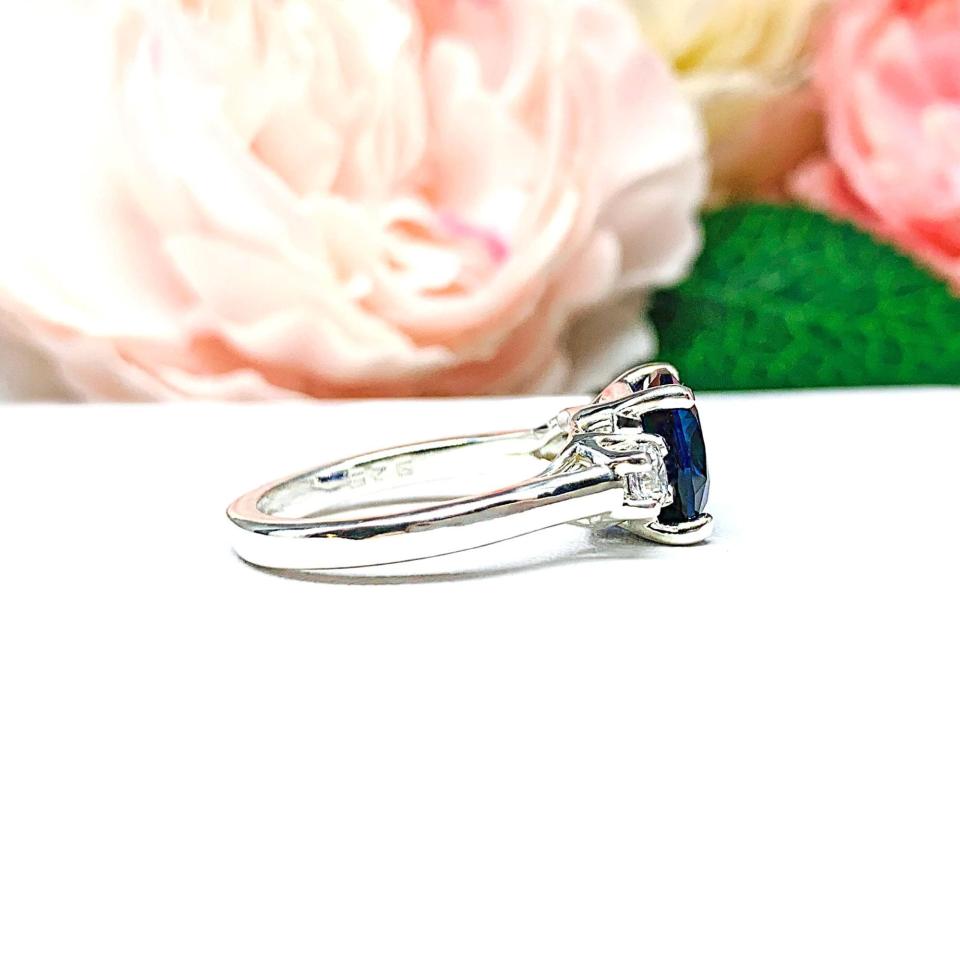 Lab Blue Sapphire Cushion & CZ Round Ring – 9mm, Sterling Silver