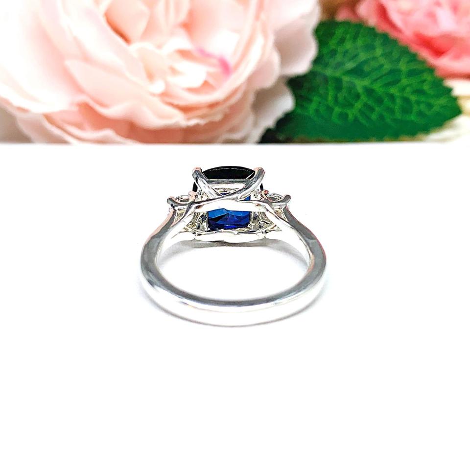 Lab Blue Sapphire Cushion & CZ Round Ring – 9mm, Sterling Silver
