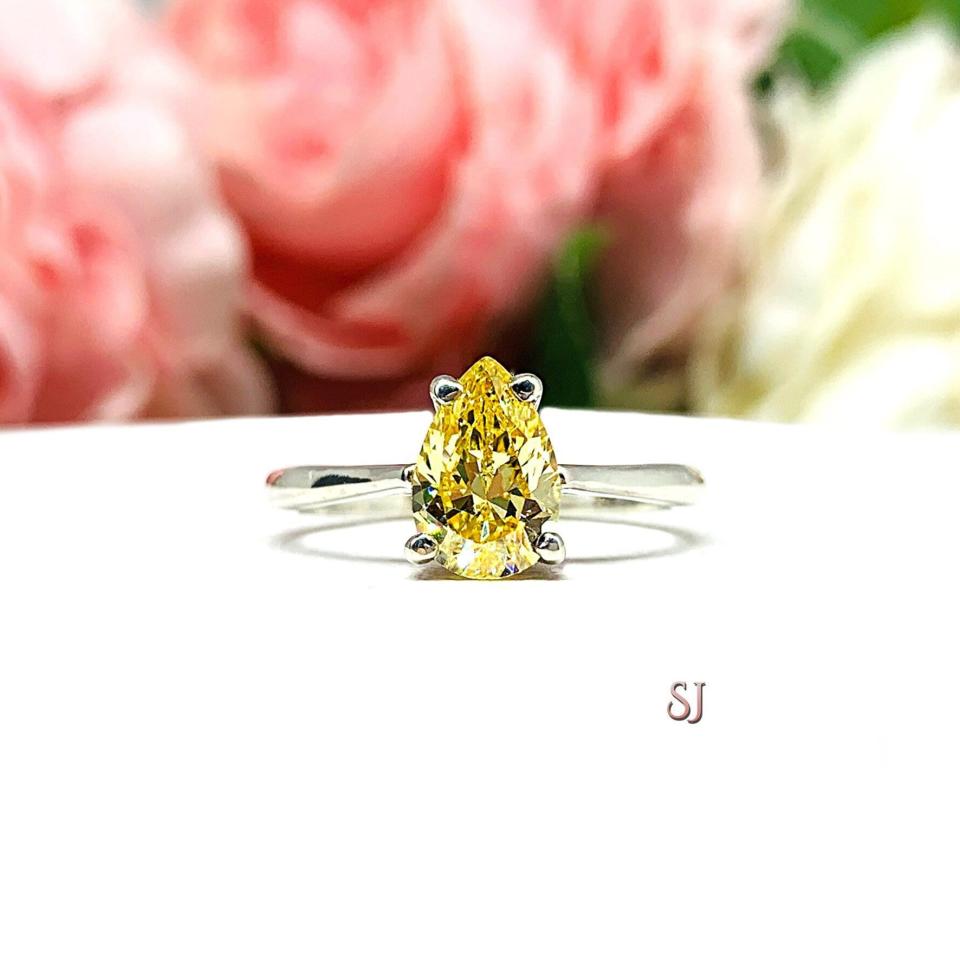 Canary Yellow Pear-Cut CZ Engagement Ring • 9x6mm, Sterling Silver, Size 7