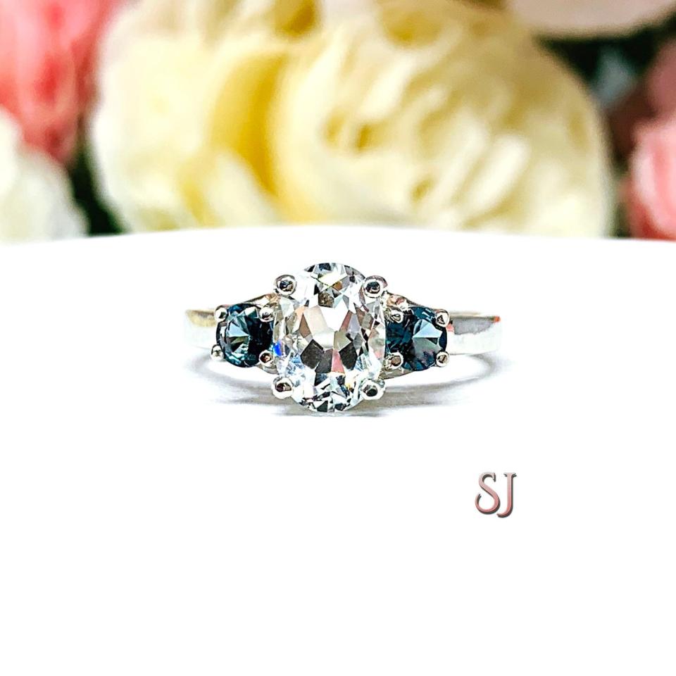 Oval-Cut White Topaz & London Blue Topaz Ring Size 6.5 • 8x6mm, Sterling Silver
