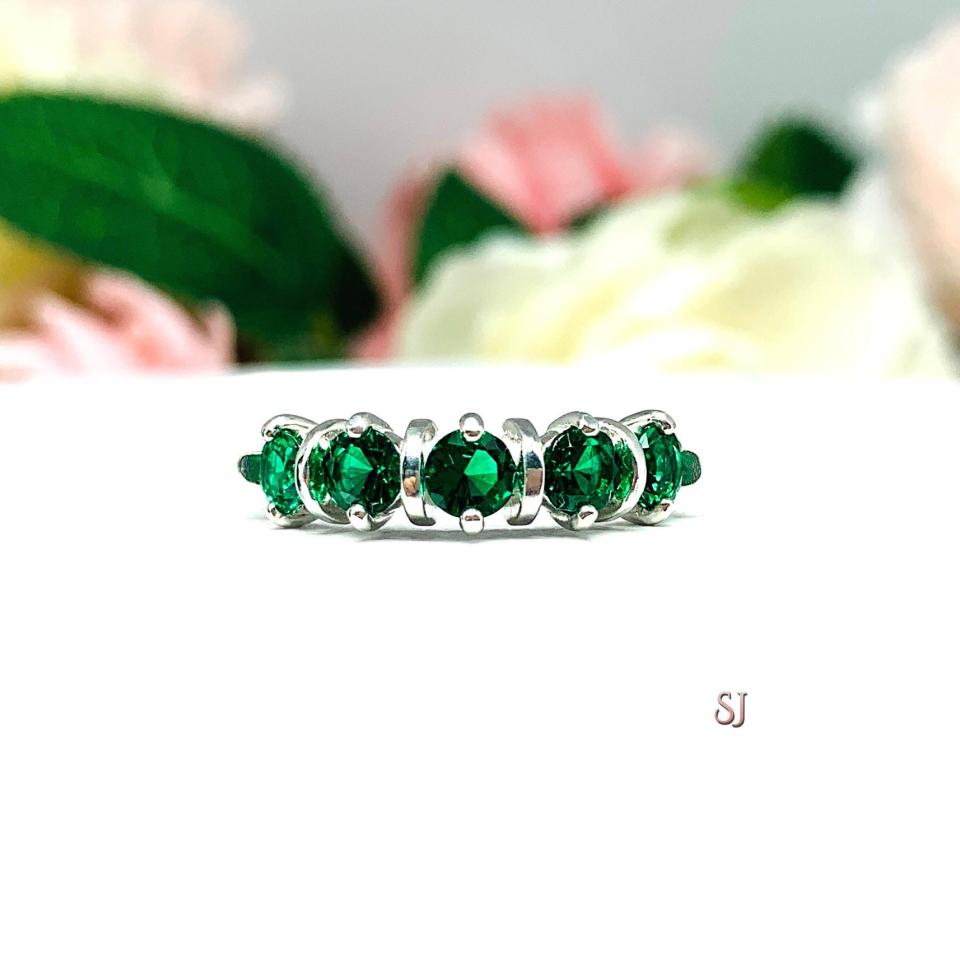 Round-Cut Lab Emerald 5-Stone Ring • 4mm, Sterling Silver, Size 7