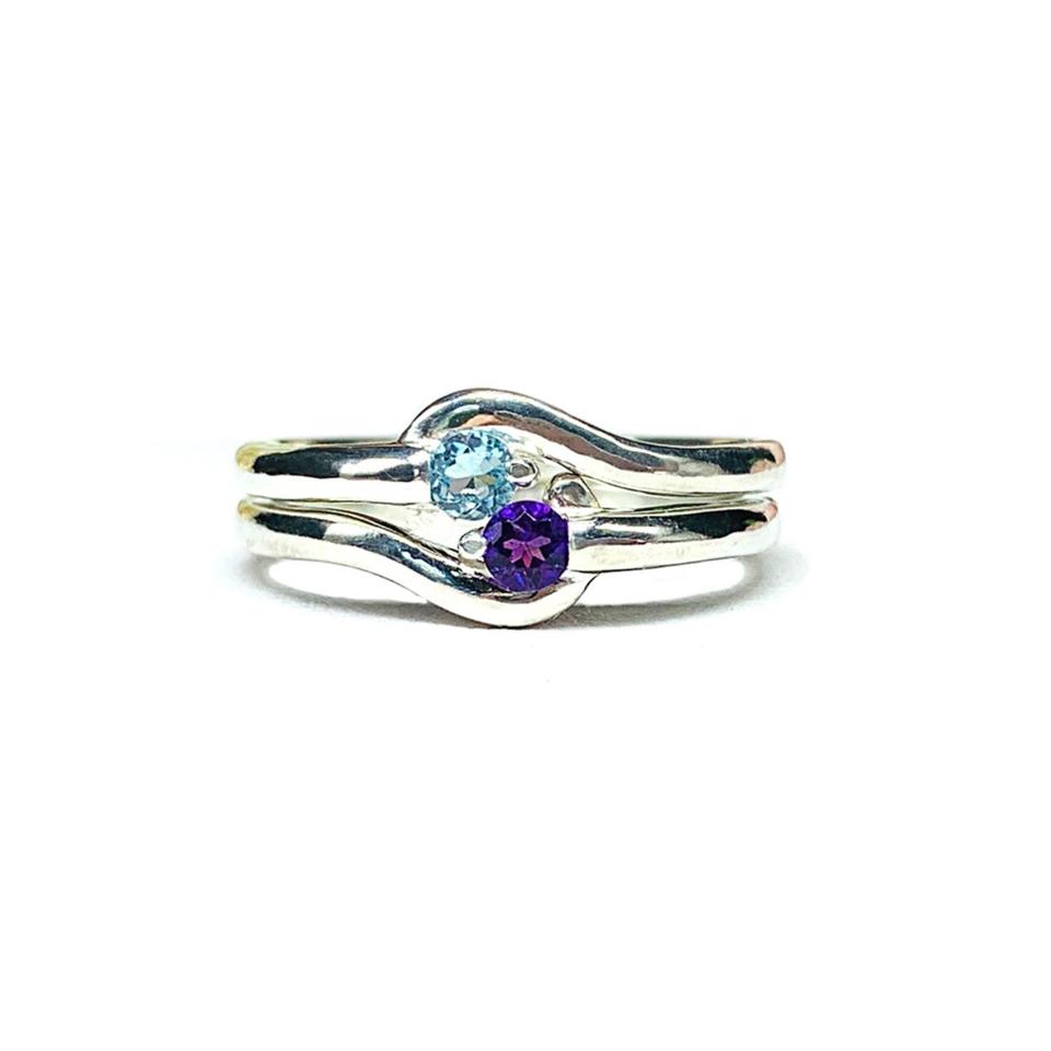 Round-Cut Birthstone Solitaire Stacking Ring • 3mm, Sterling Silver, Wrap Bypass Shank