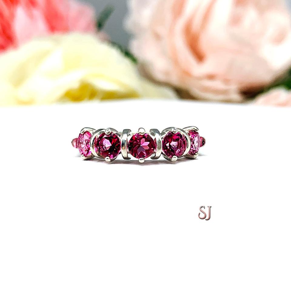 Round-Cut Mystic Pink Topaz 5-Stone Ring • 4mm, Sterling Silver, Size 7